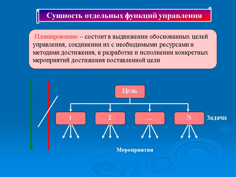 Сущность отдельных функций управления  Планирование – состоит в выдвижении обоснованных целей управления, соединении